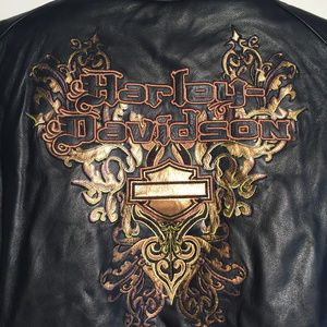 Harley Davidson Black leather embroidered jacket